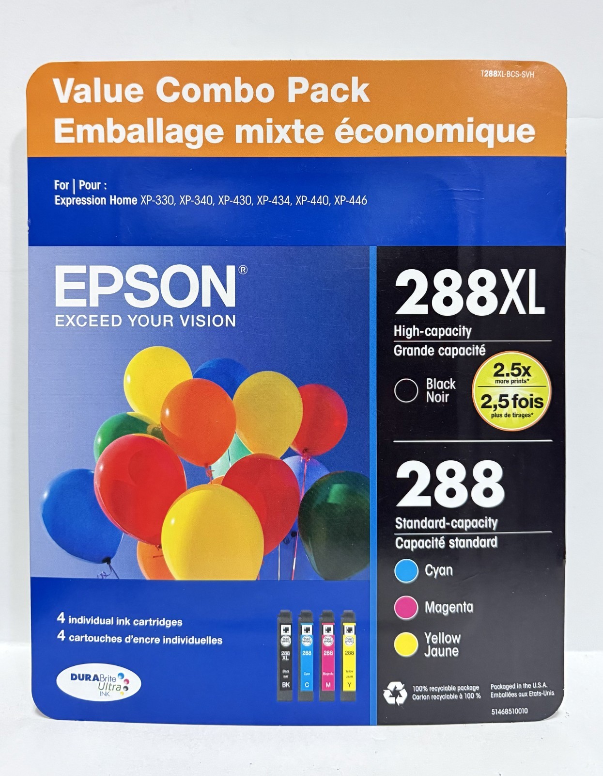 Epson 288XL Black & 288 C/M/Y 4-Pack Ink Cartridges Exp: 06/2027+