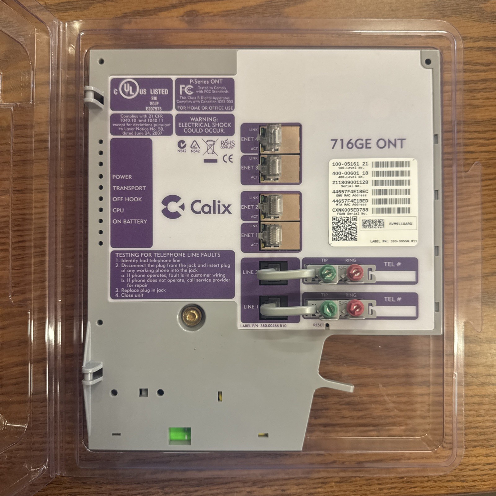Calix 100-05161 / 716GE ONT  2 POTS, 4 GE REV 21 or 22