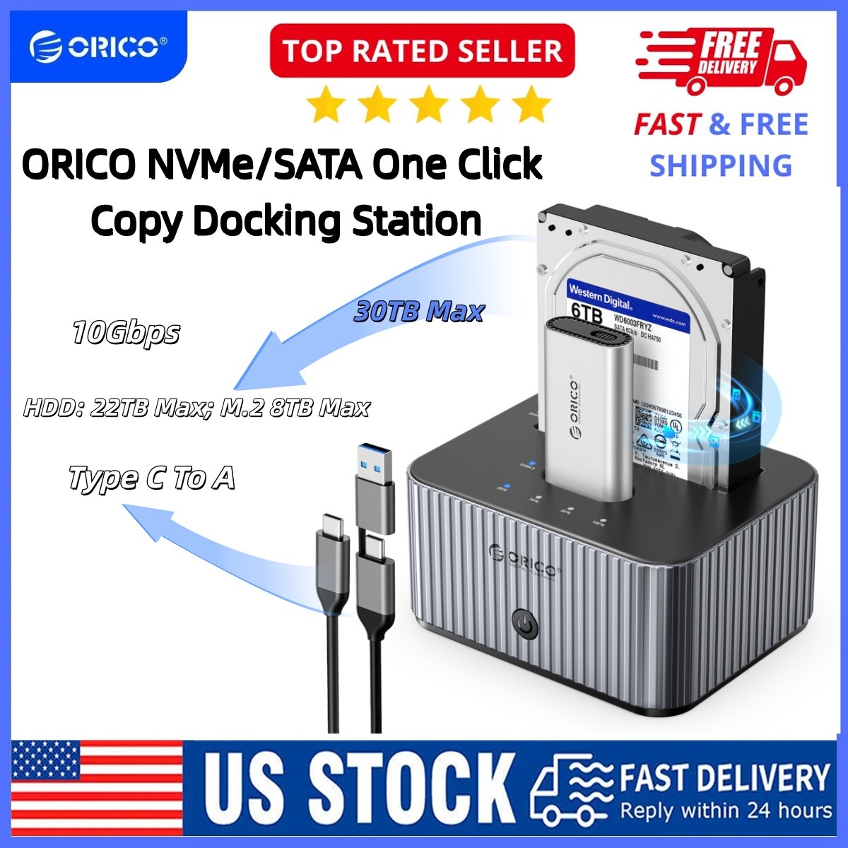 ORICO M.2 Hard Drive Docking Station 10Gbps for NVMe/SATA to Docking Station New