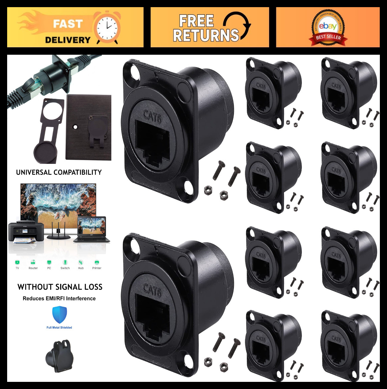 10PCS D-Type RJ45 Coupler, Shielded Panel Mount Connector for Ethernet Networkin