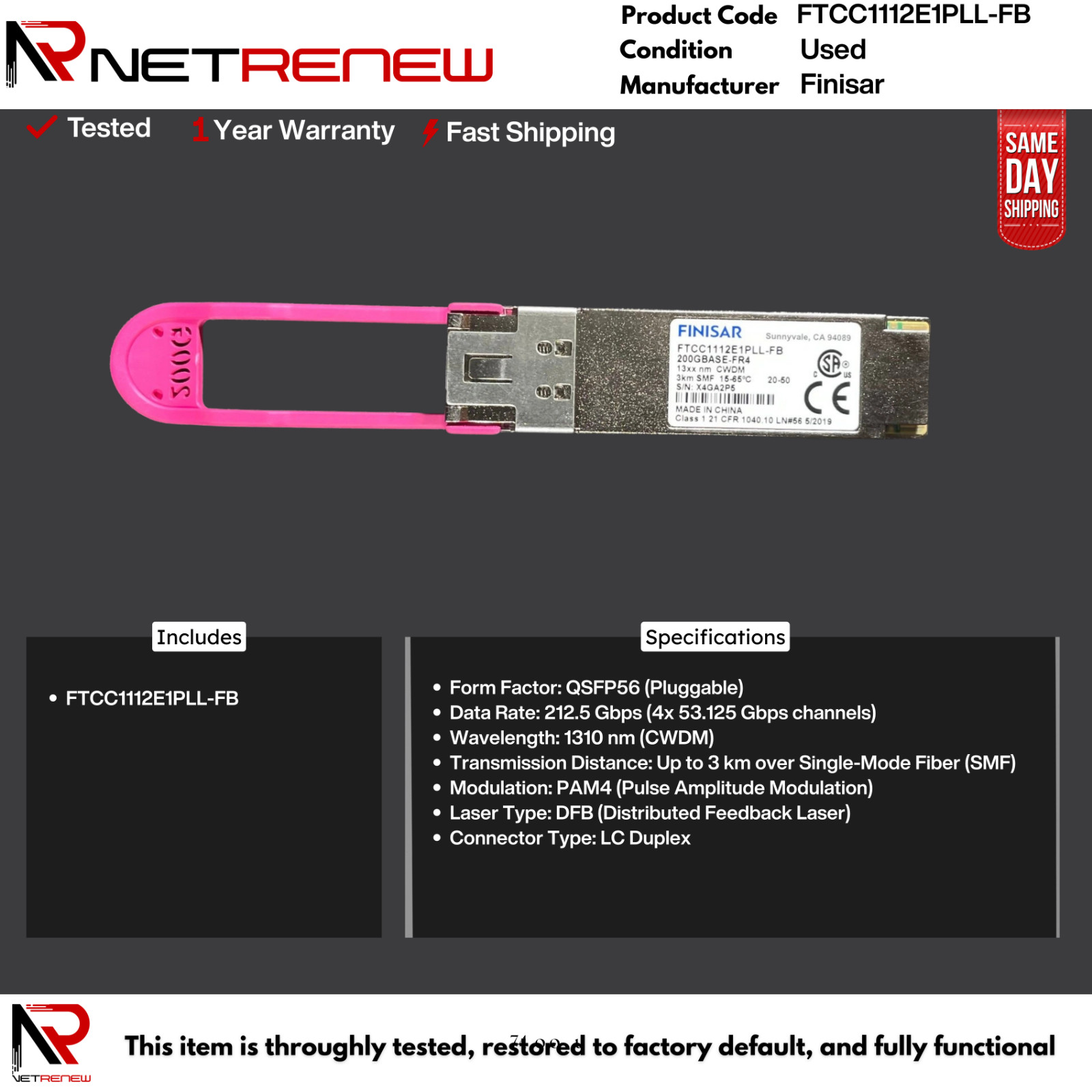Finisar FTCC1112E1PLL-FB 200G QSFP56 FR4 3km SMF PAM4 Optical Transceiver Module
