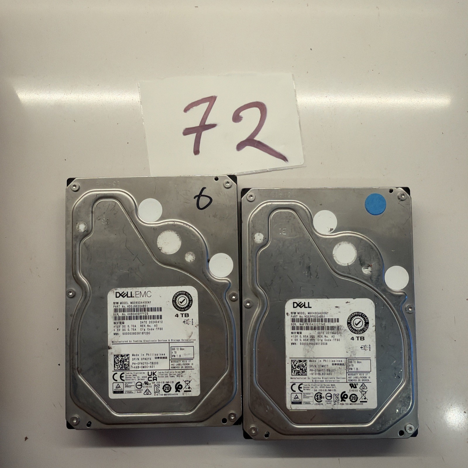 Lot of 2 Dell 01MVTT Toshiba MG04SCA40ENY 4TB 7.2K SAS 12Gb/s 3.5" HDD