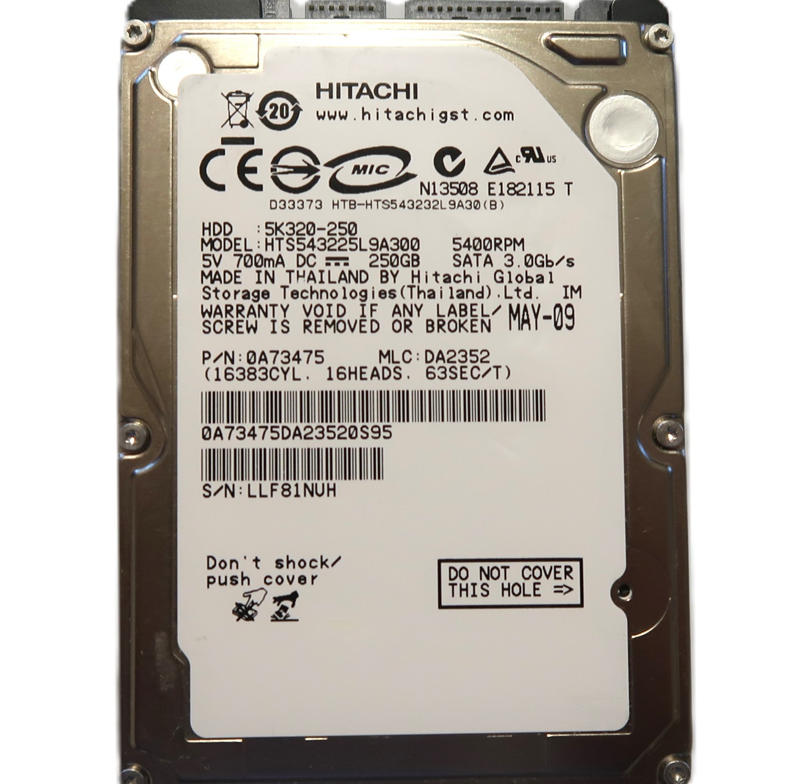 Hitachi HTS543225L9A300 0A73475 DA2353 (LLF) Thailand 2.5" 250gb Sata HDD MAY/09