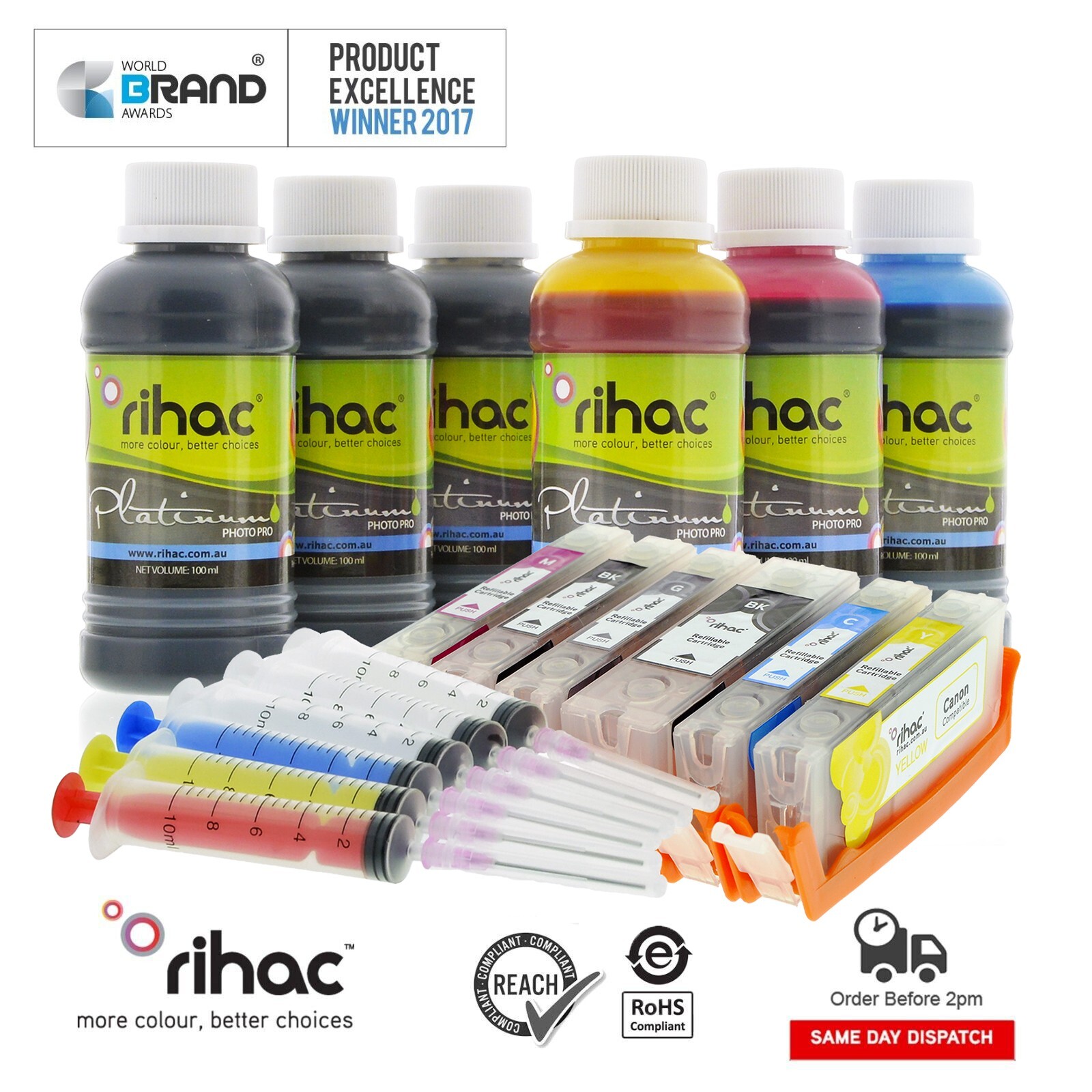 6 Refillable RIHAC Ink Cartridges for Canon MG7560 IP8760 PGI-650 CLI-651 chip