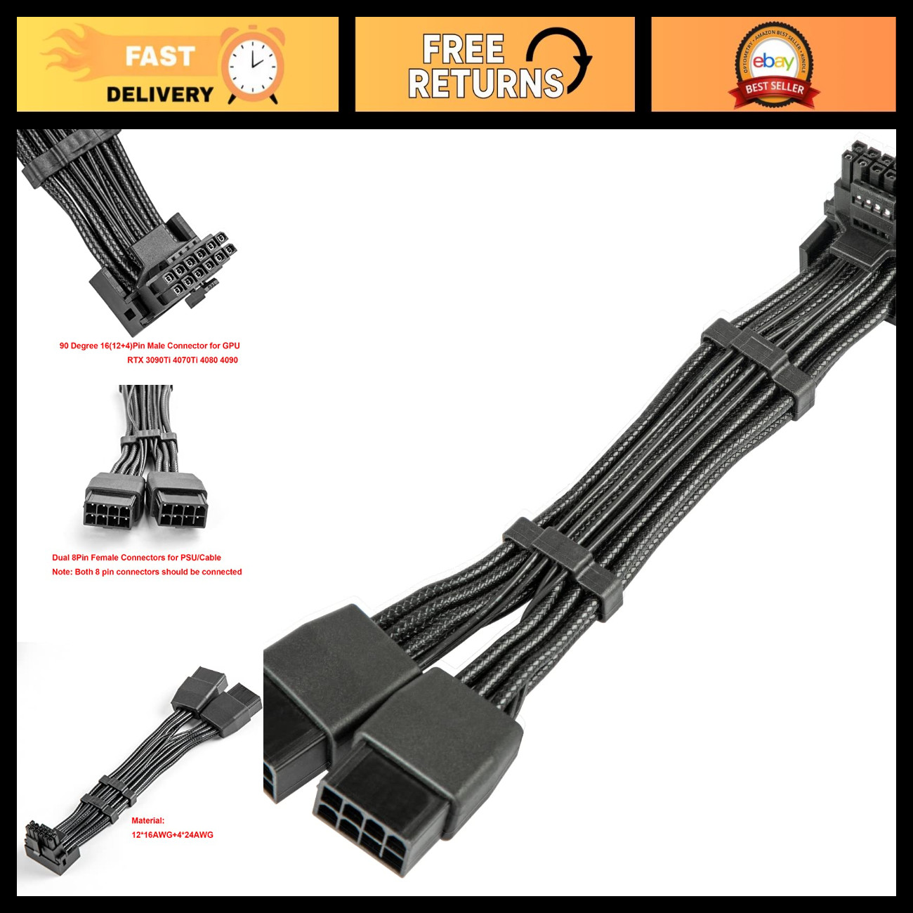 90 Degree 12VHPWR Adapter to Dual 8Pin - 16AWG PCI-E 5.0 GPU Extension for RTX 3