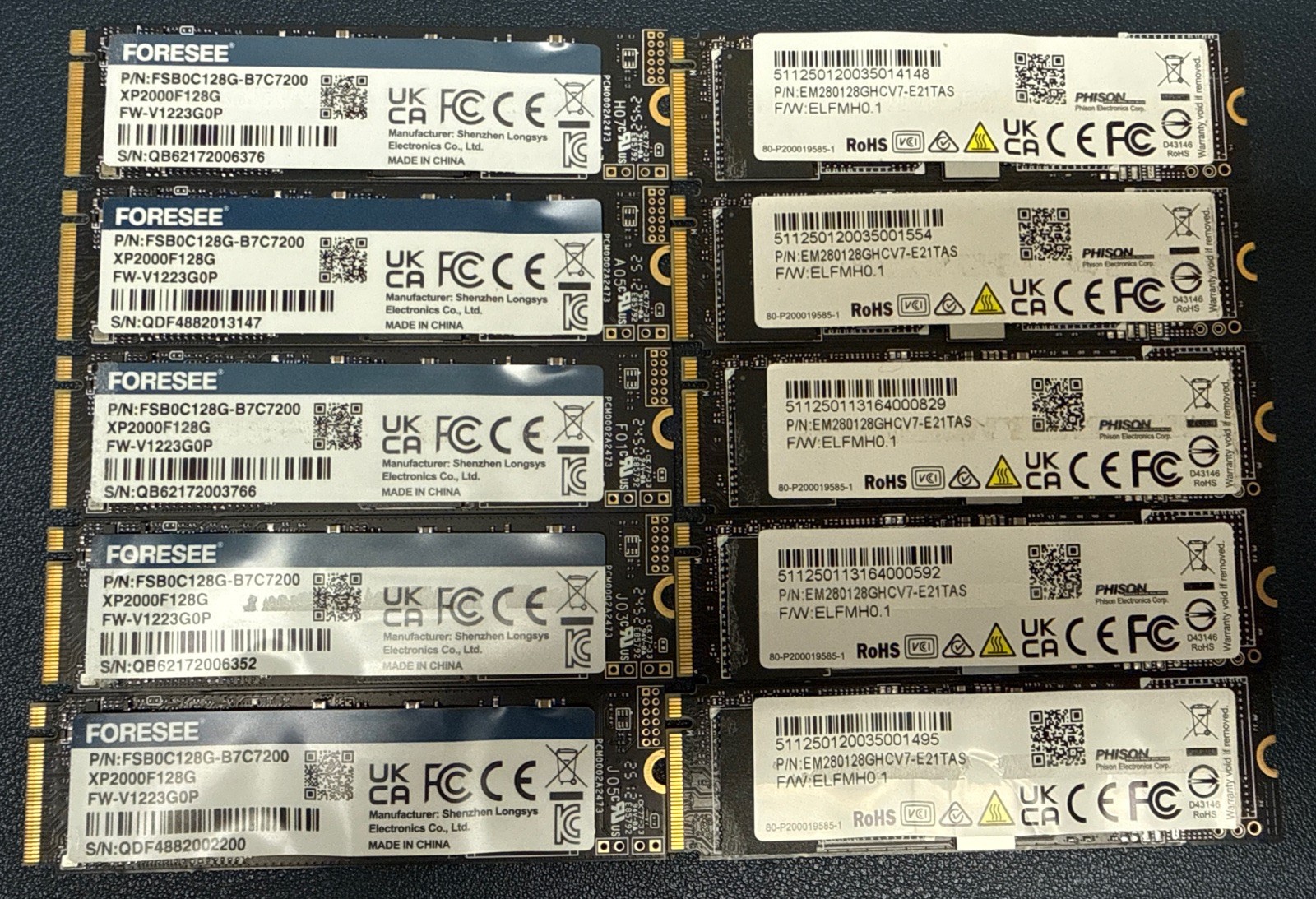 Lot of 10 128GB SSD M2 2280 mix brands G2U