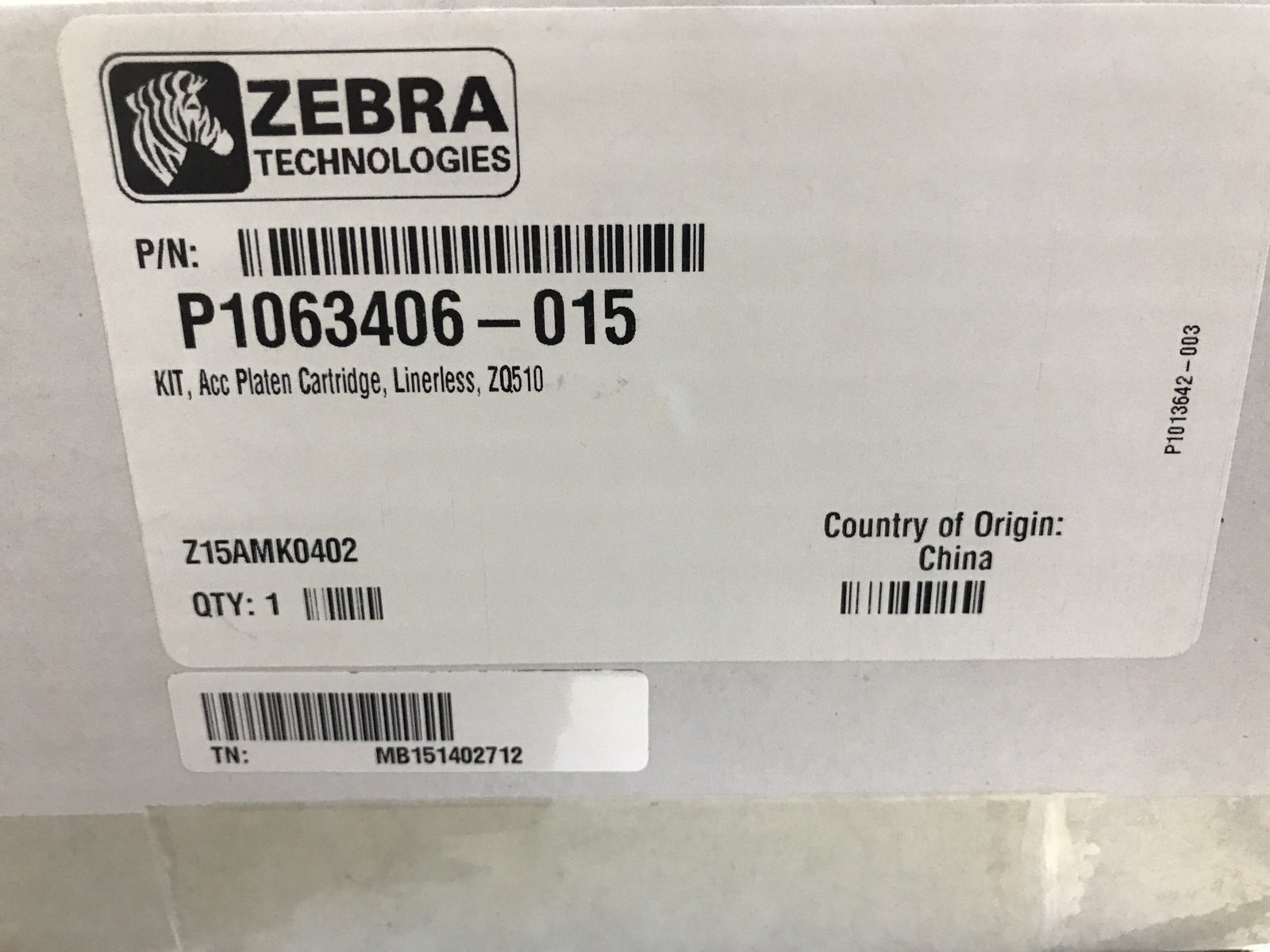 P1063406-015 - Zebra ZQ510 PLATEN CARTRIDGE KIT LINERLESS