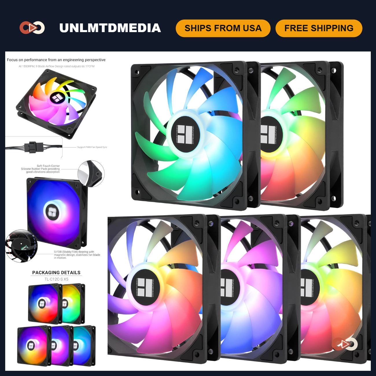 5 Pack 120mm ARGB CPU Case Cooler Fans, 4-Pin PWM Silent Cooling Fans, 1550RPM