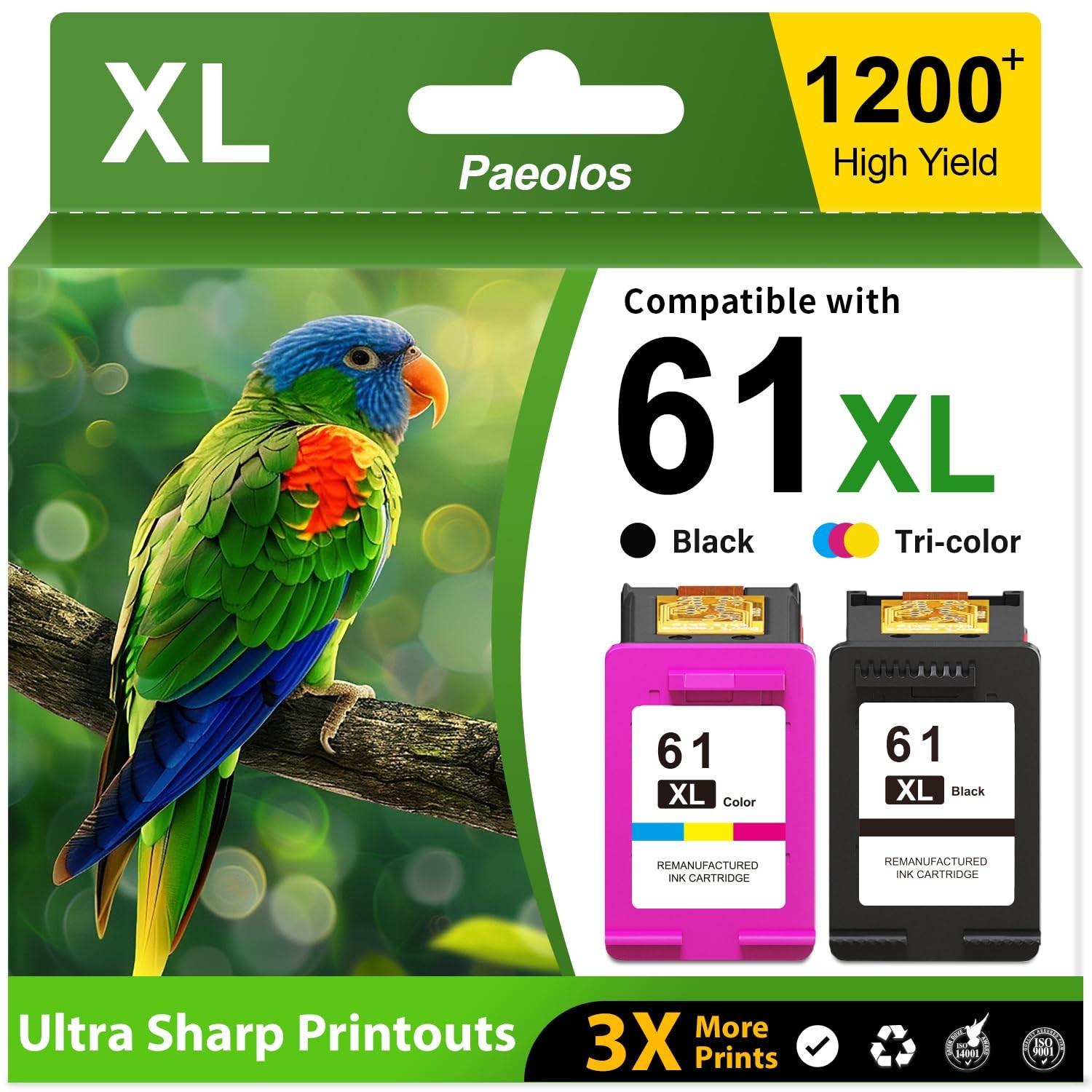 Paeolos 61XL Ink Cartridges Combo Pack for HP Printers, Black & Color, 2-Pack