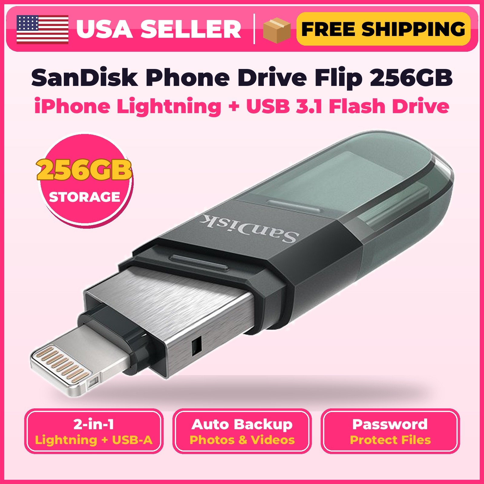 SanDisk Phone Drive Flip 256GB iPhone Lightning USB 3.1 Flash Drive SDIX90N-256G