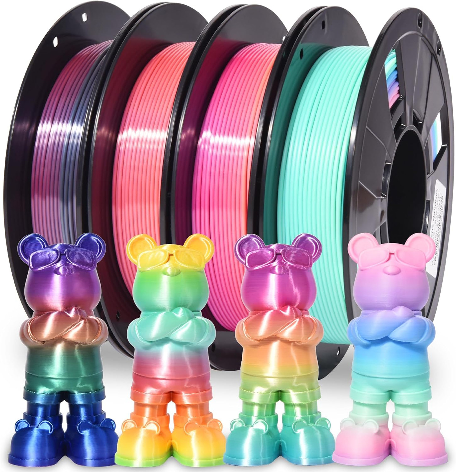 Silk Matte Rainbow PLA Filament 1.75mm 4 Pack Multicolor 200g Spools 3D Printer