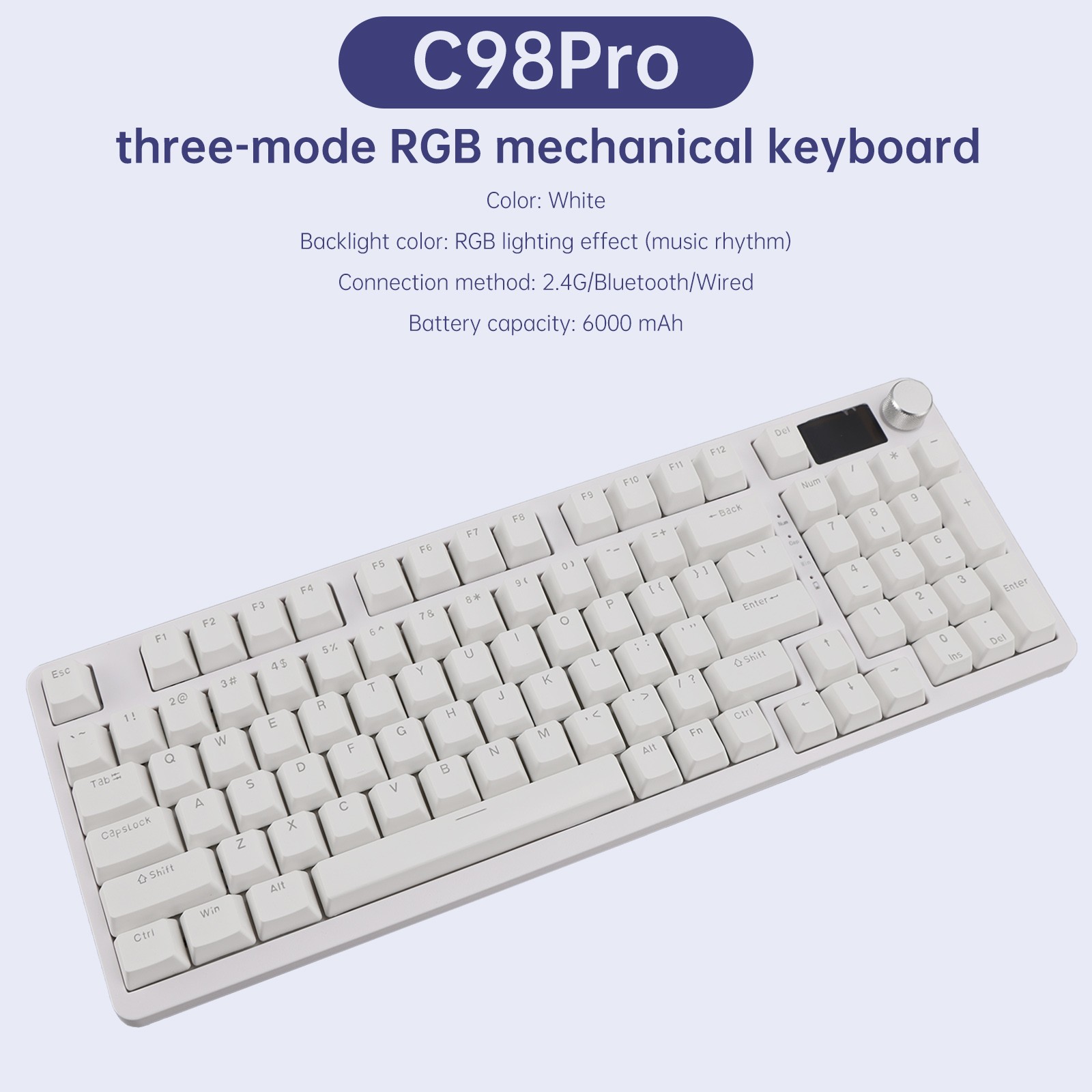 98-Key 2.4G Wireless Bluetooth Three-Mode Mechanical Keyboard With Display Knob
