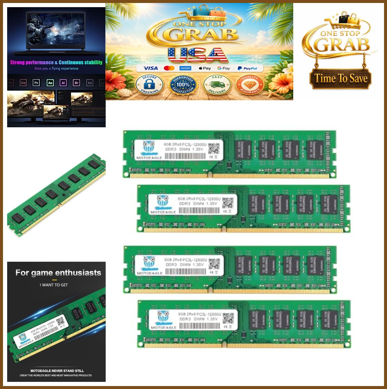 32GB DDR3L RAM Kit 4x8GB 1600MHz PC3L-12800U 240 Pin DIMM Non ECC Unbuffered