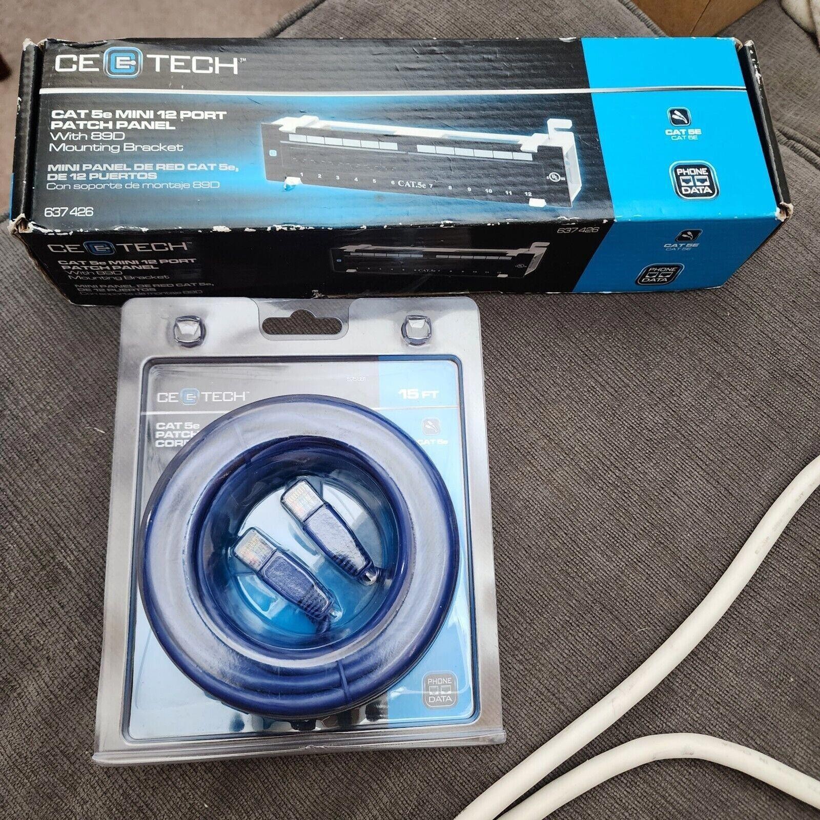 NEW CE Tech 637426 Cat5e 12-Port Patch Panel + 15ft Ethernet Cable