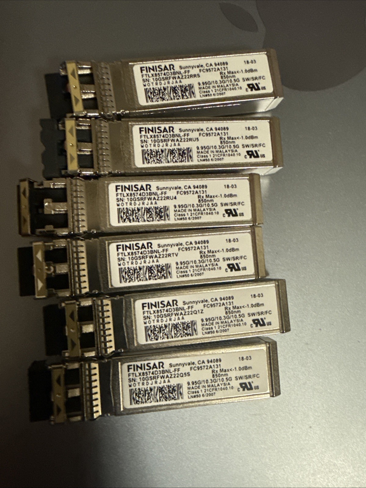 Lot of 6 – Finisar FTLX8574D3BNL-FF 10G SFP+ Transceiver 850nm 300M Multi-Mode