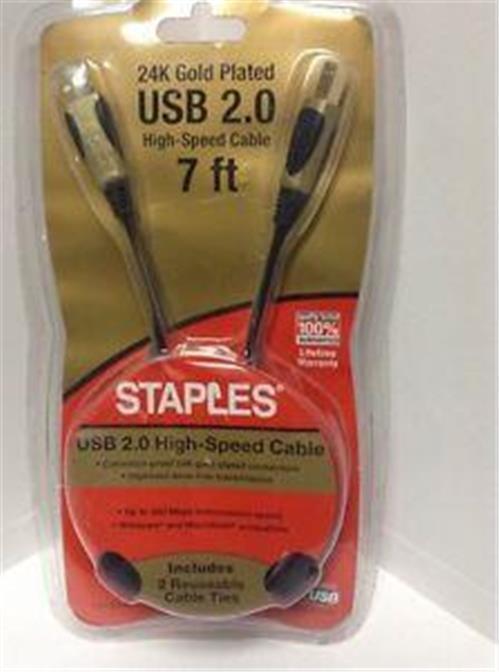 STAPLES 24K Gold Plated 7 ft USB 2.0 High Speed Computer Cable 577157 NEW