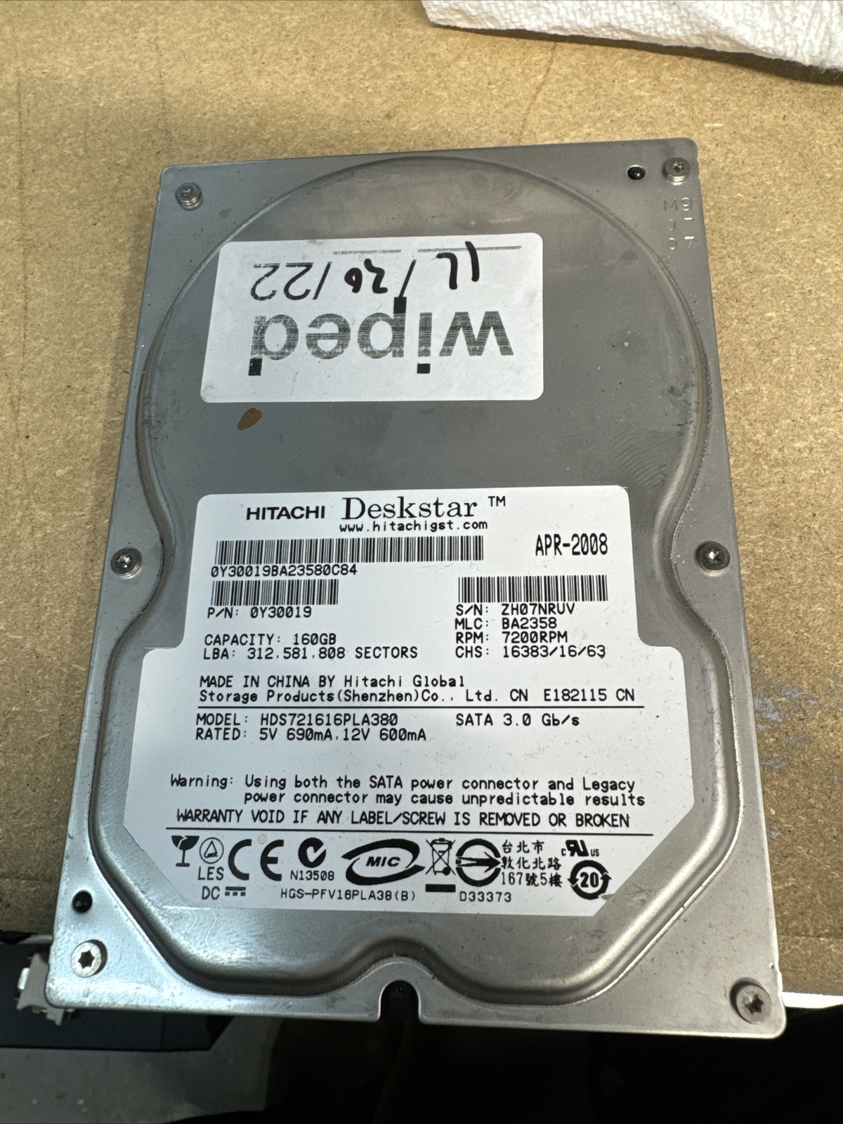 Hitachi HDS721616PLA380 MLC BA2358 PN 0Y30019 SATA 160GB 3.5" HD