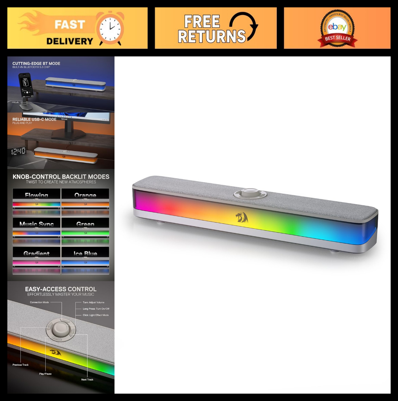 RGB Desktop Soundbar, 2.0 Stereo Audio, Bluetooth 5.3, Enhanced Sound Quality