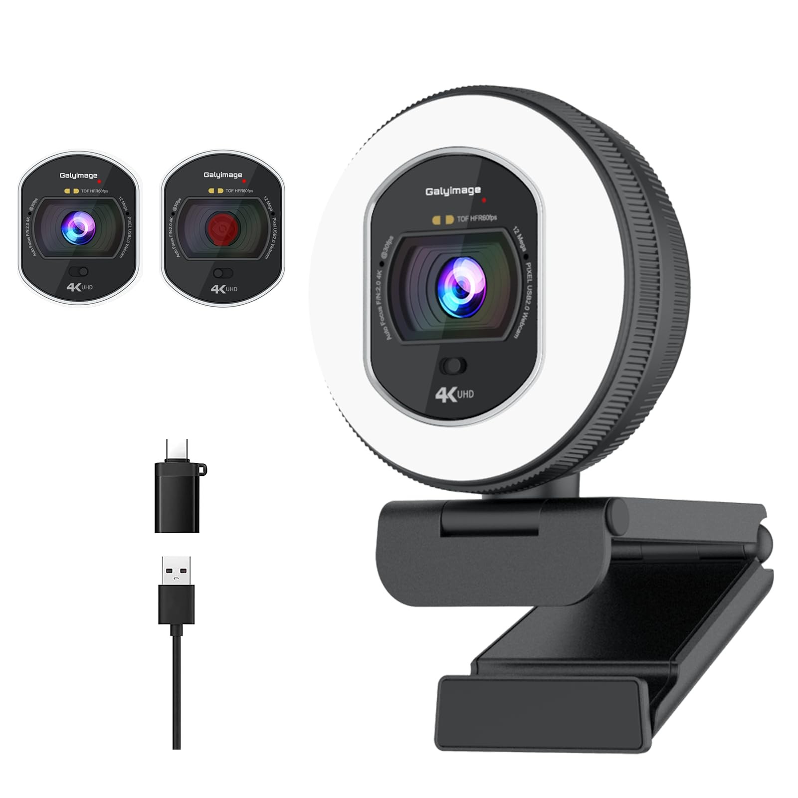 4K UHD Webcam with Ring Light and Dual Noise-Canceling Microphones for PC