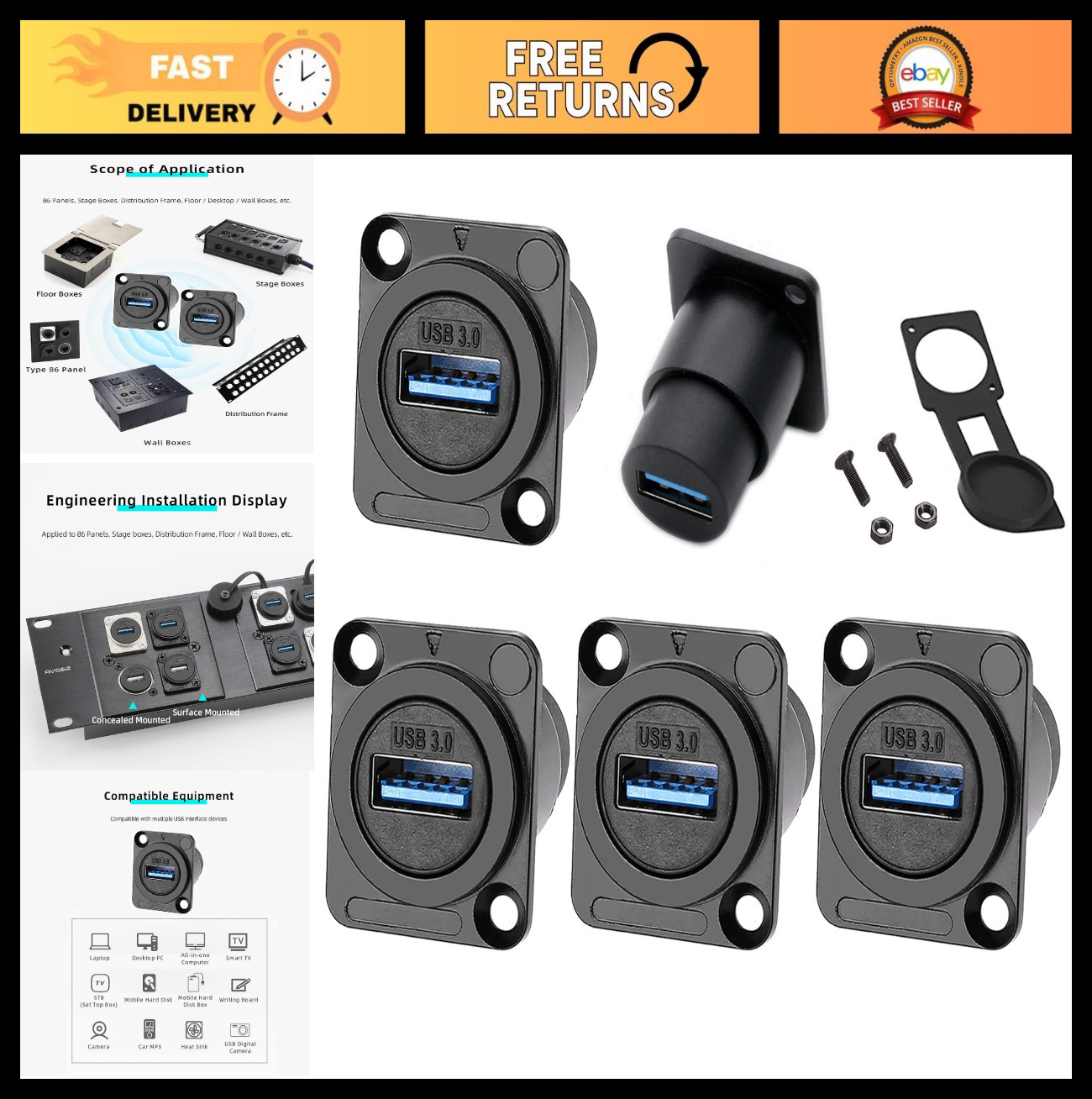 5PCS USB 3.0 D Series Panel-Mount Connector Set, High-Speed Data Transfer, Durab
