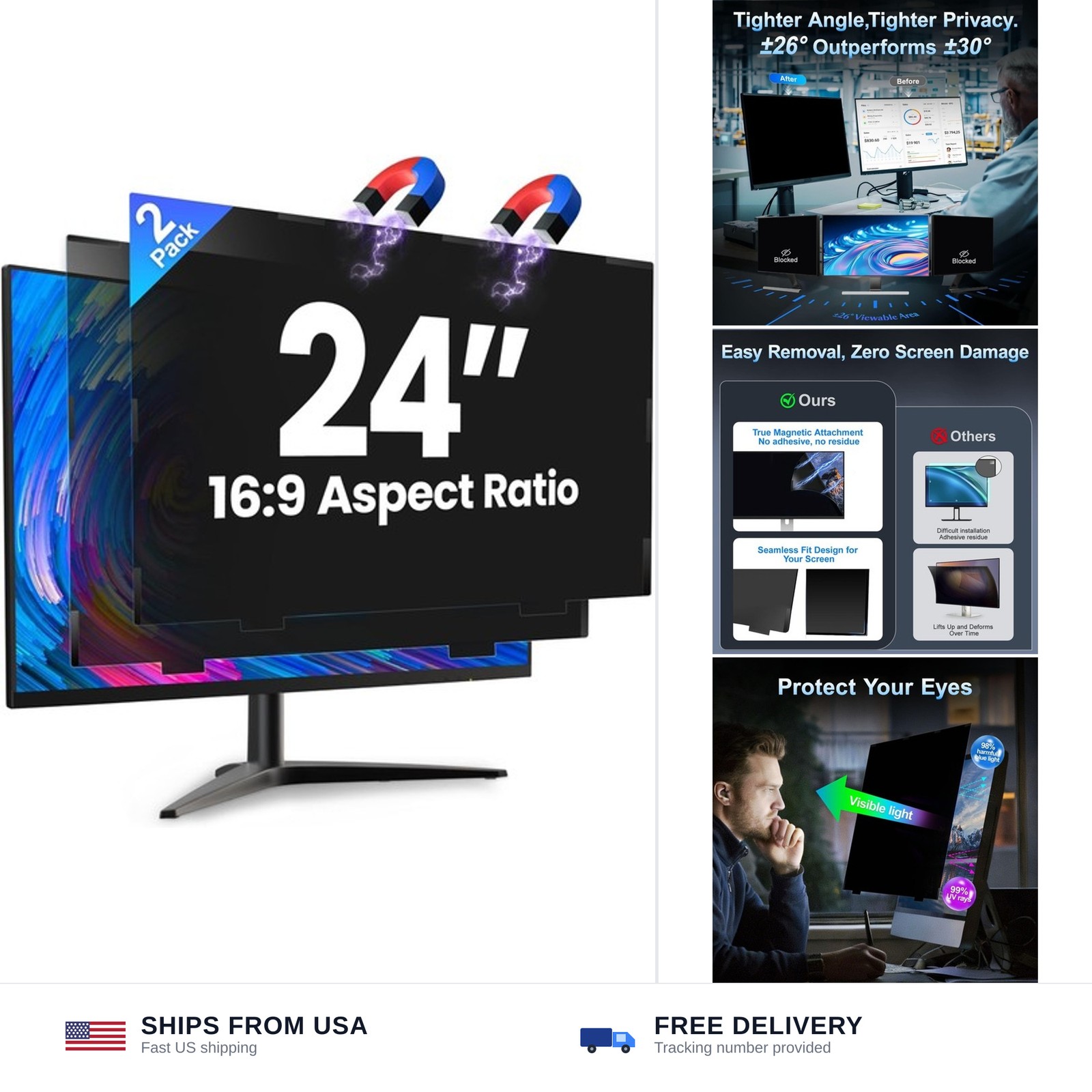2 Pack 24 Inch Magnetic Privacy Screen Monitor 16:9 26° Protection Reusable