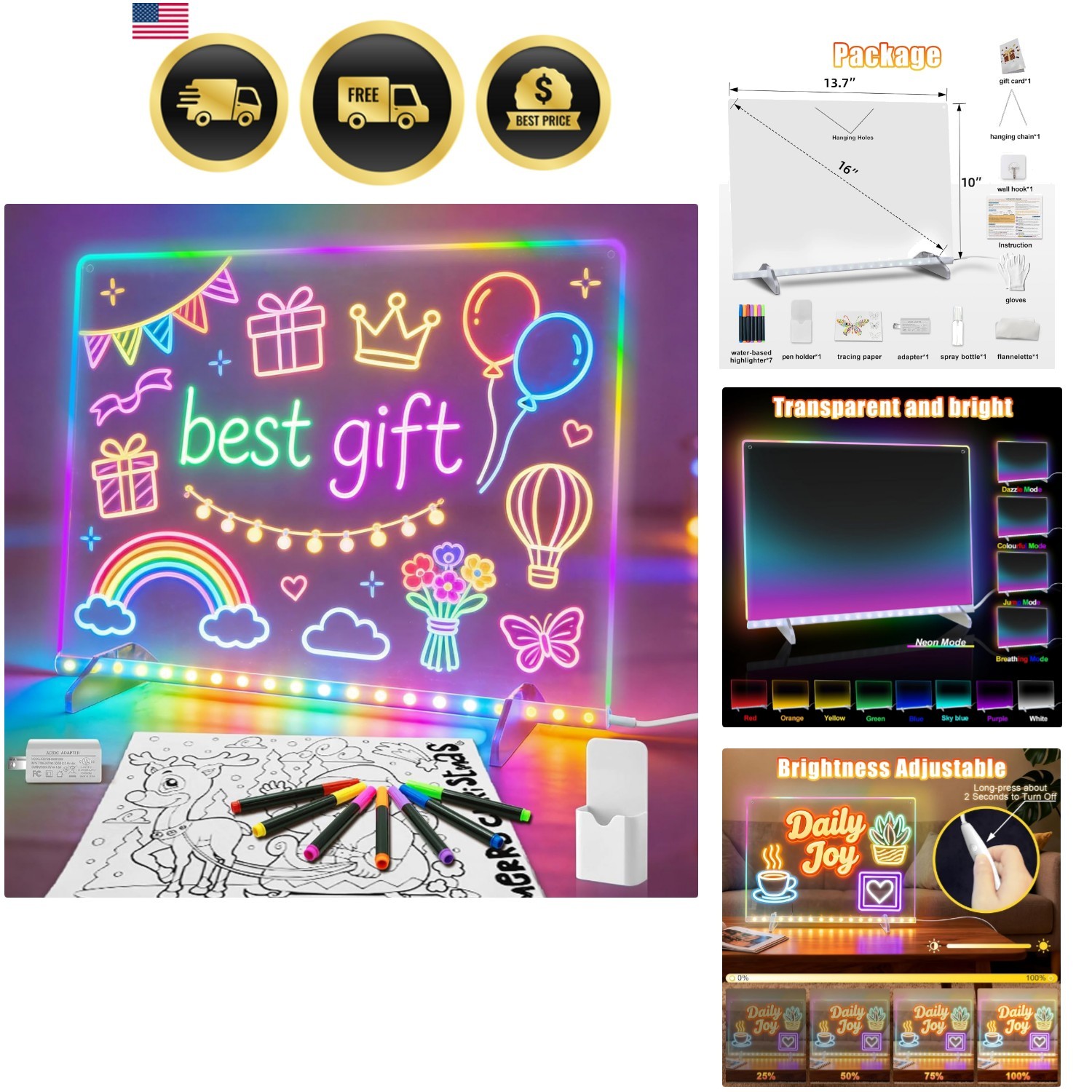 Led Note Board with Colors,16''Drawing Tablet,6 Modes & 8 Colors Light Up Dra...
