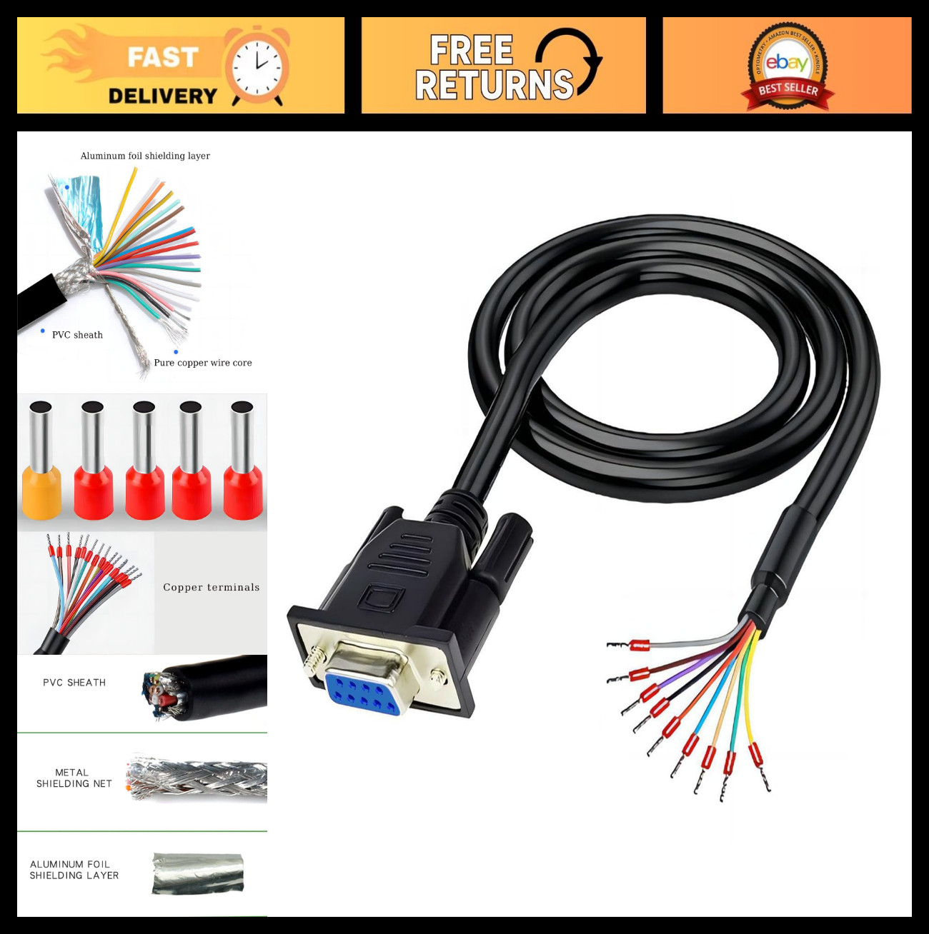 10FT RS232 DB9 Female Serial Cable, 9 Pin Bare Wire Extension, Gold Plated, Dura