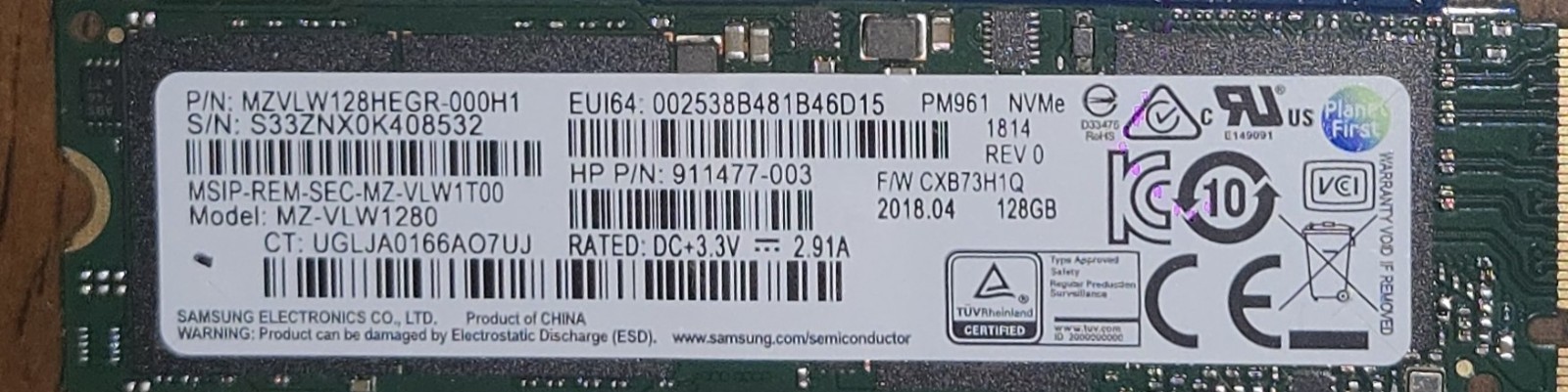SAMSUNG MZ-VLW1280 128GB PM961 Solid State Drive