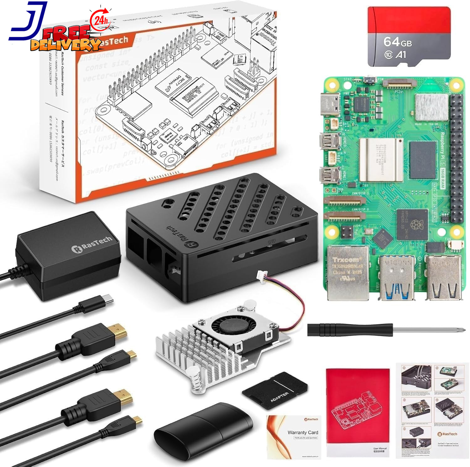 Rastech Raspberry Pi 5 16GB Kit 64GB Edition with Active Cooler Gan 27W 5.1V5A