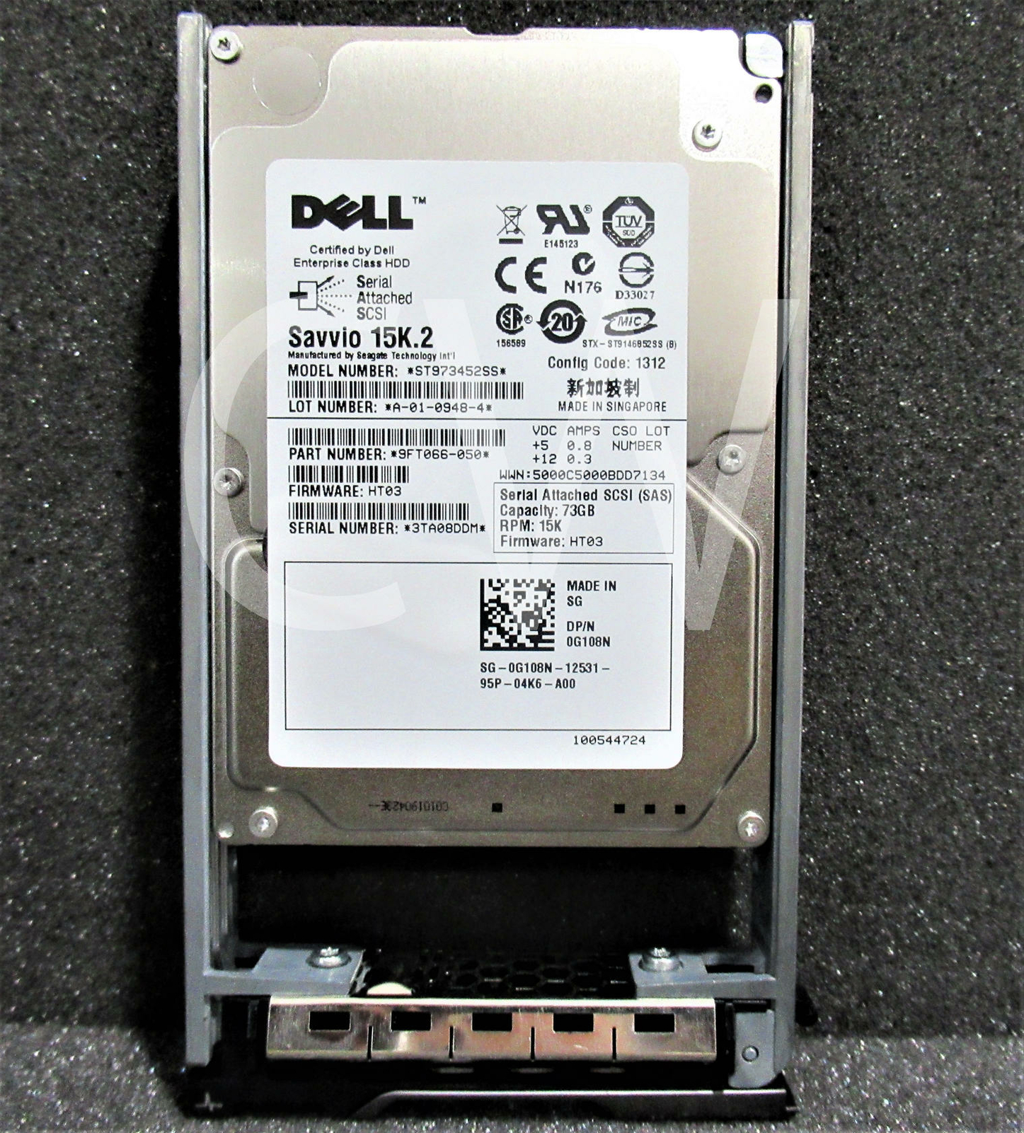G108N ST973452SS Dell SAVVIO 15K.2 73GB 15KRPM 6Gb/s 2.5"SAS Hard Drive W/R Tray