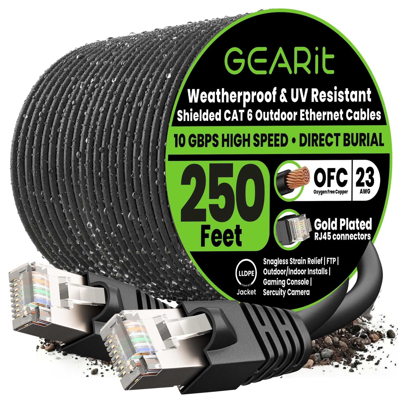 GEARit Cat 6 Ethernet Cable 250 Ft, Outdoor 250 Feet - Standard Cable, Black