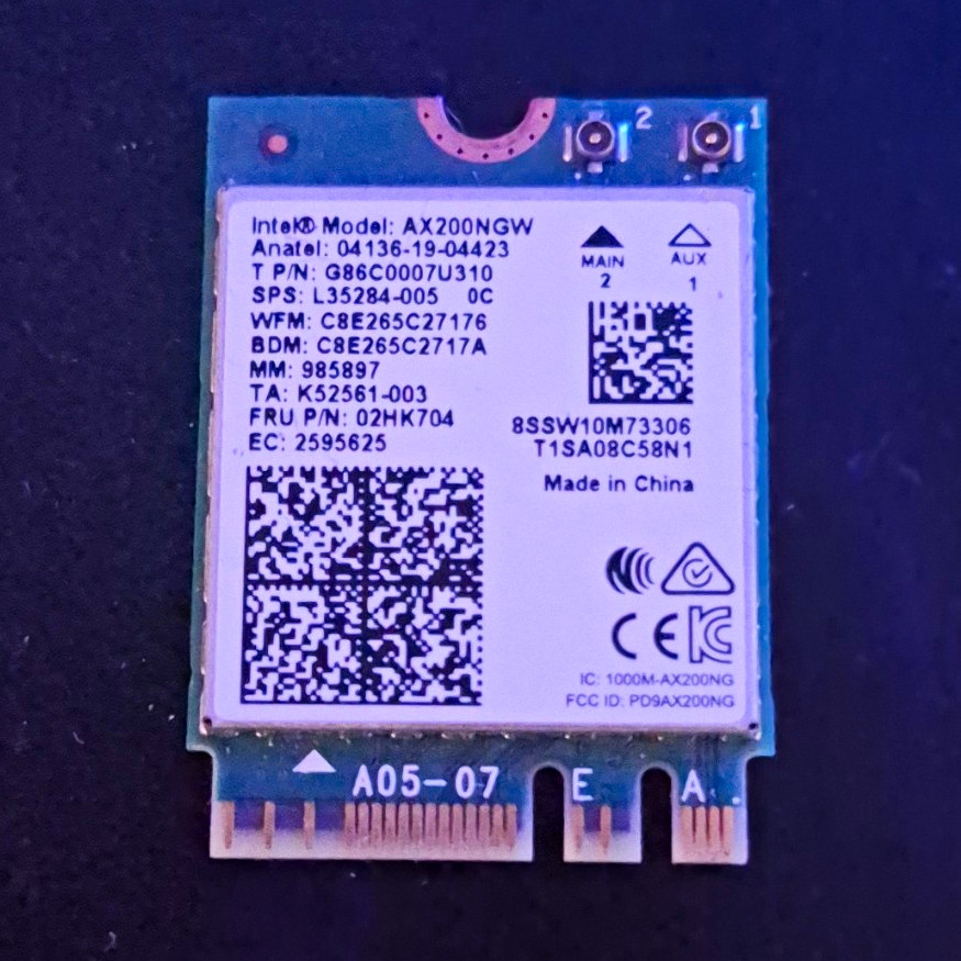 Intel AX200NGW Wi-Fi 6 (802.11ax) M.2 Card Dual Band + Bluetooth 5.2