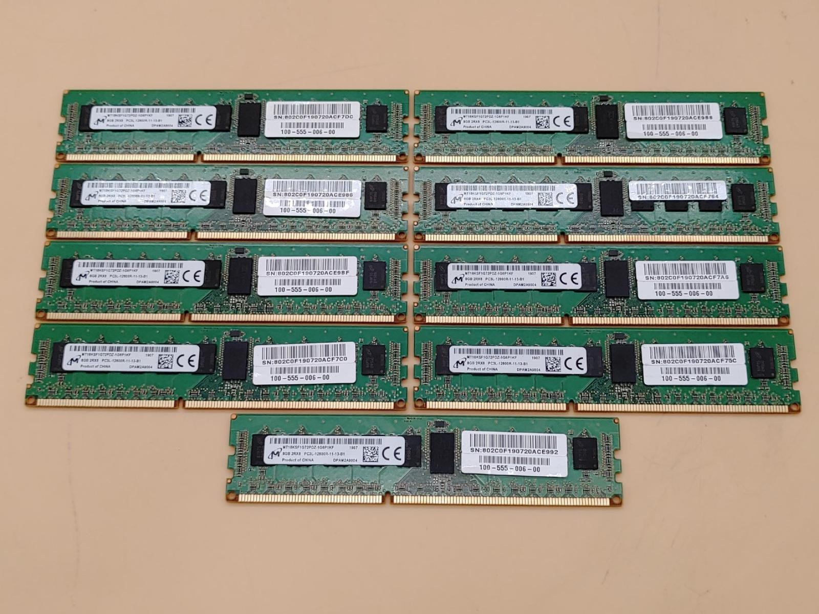 Micron 8GB 2RX8 PC3L-12800R MT18KSF1G72PDZ-1G6P1KF ECC Server Memory -LOT of (9)