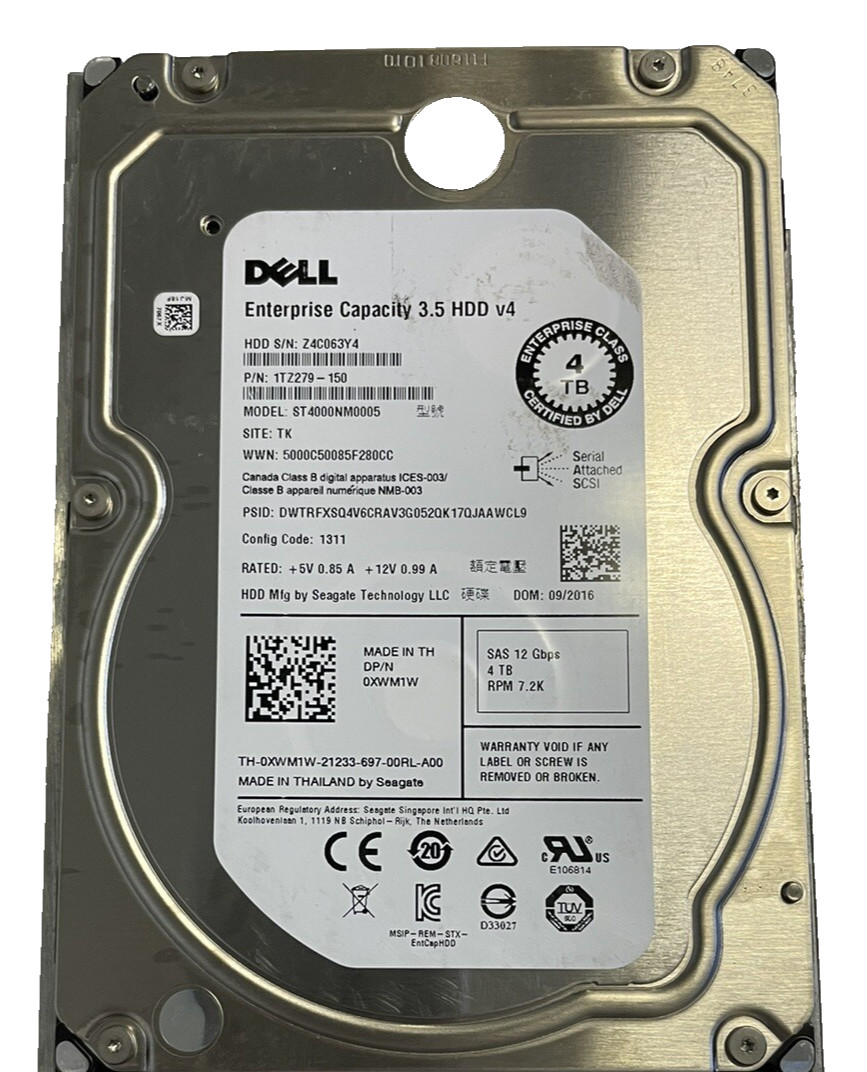 Dell XWM1W 0XWM1W  4TB 7.2K SAS 3.5" 12G HDD Hard Drive ST4000NM0005