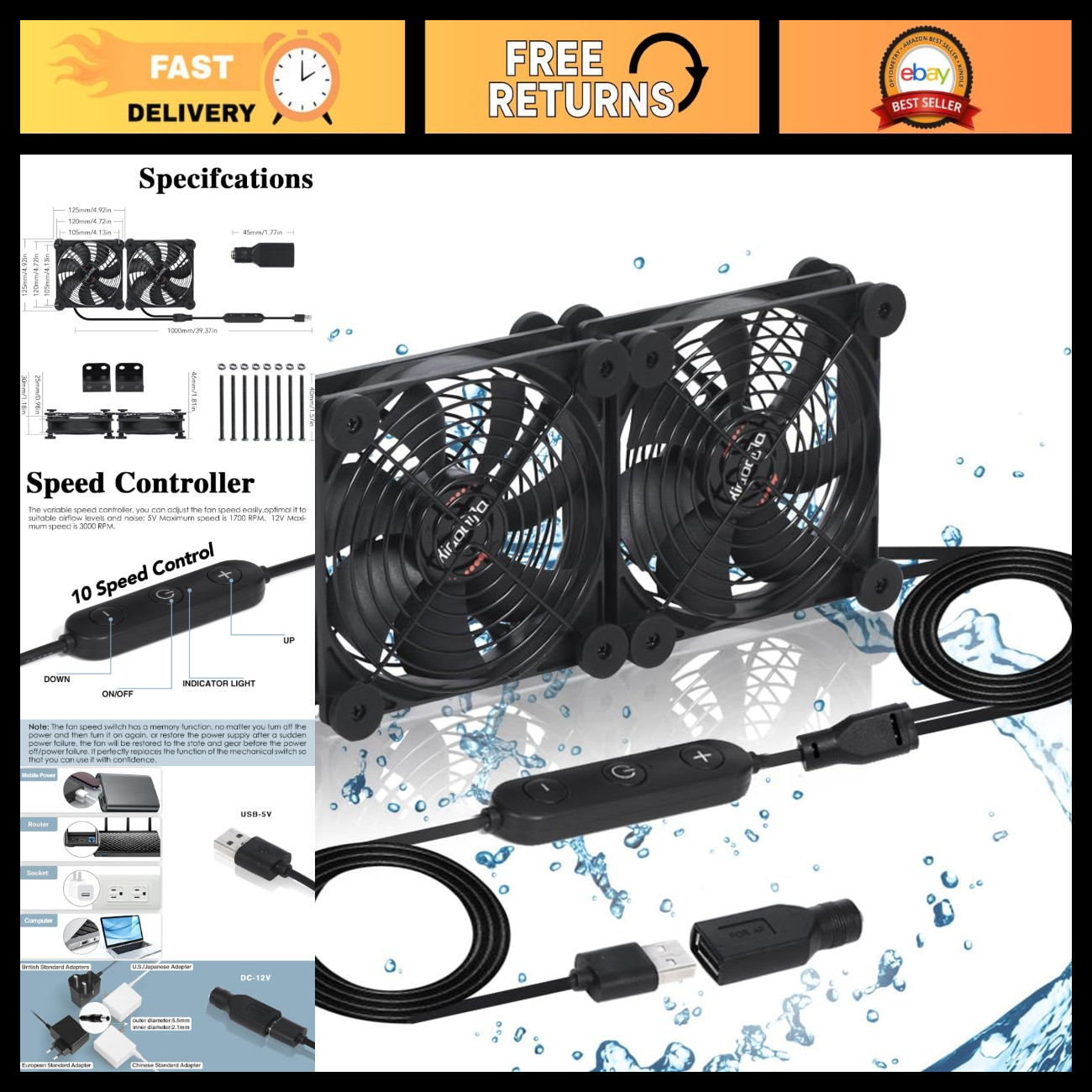 Dual 120mm USB Cooling Fan - 10-Speed, Waterproof for Router, Xbox, PC Gaming
