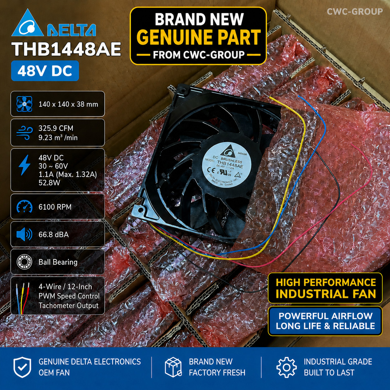 Delta THB1448AE 140mm x 38mm 48V DC 326CFM PWM High Speed Cooling Fan