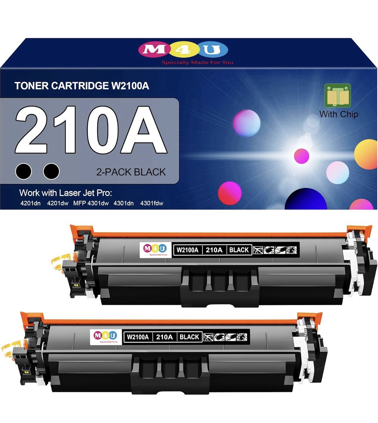 210A Black Toner Cartridge 2 Pack With Chip W2100A High Yield