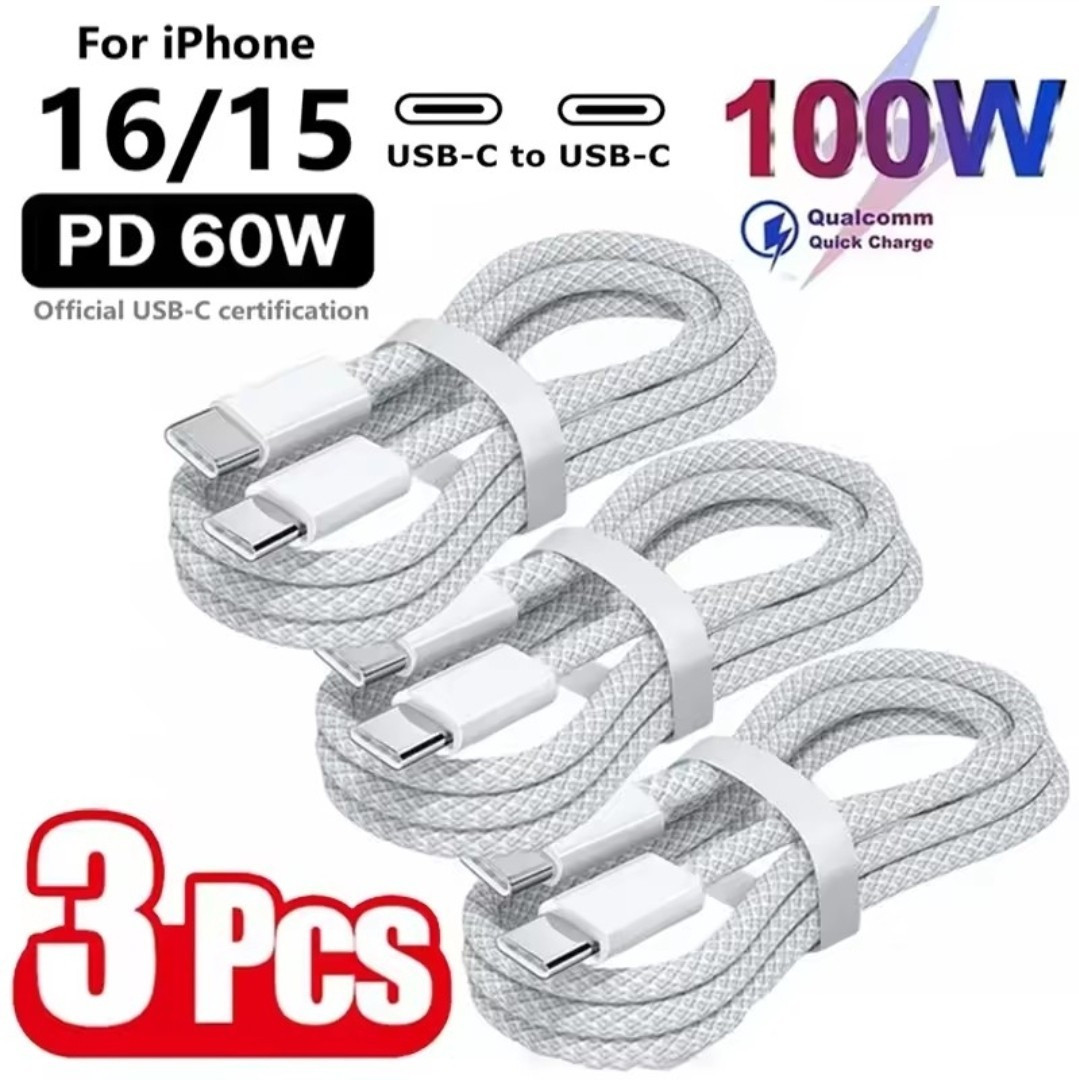 3-Pack USB-C to USB-C Braided Fast Charging Cable 100W White 48.07in