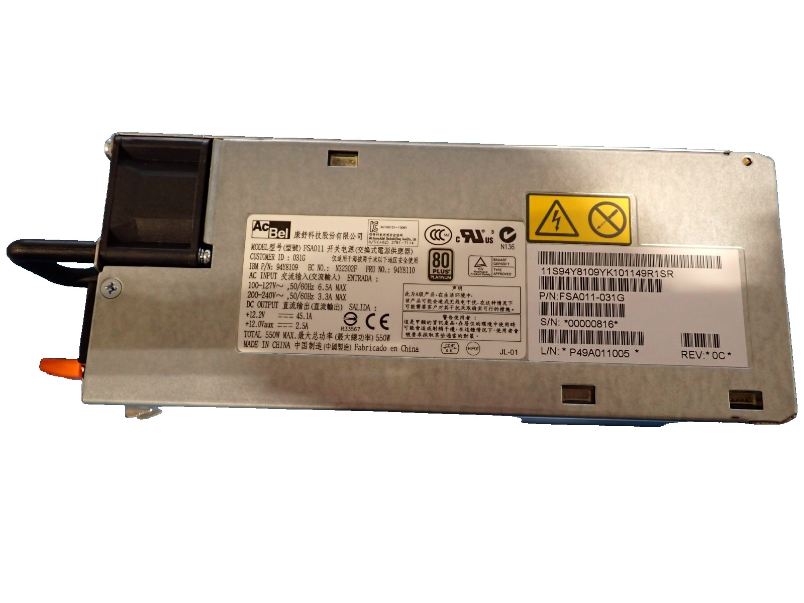 Lot of 6 IBM 94Y8110 System X3550 M4 Server 550W AC Hot Swap PSU Power Supply