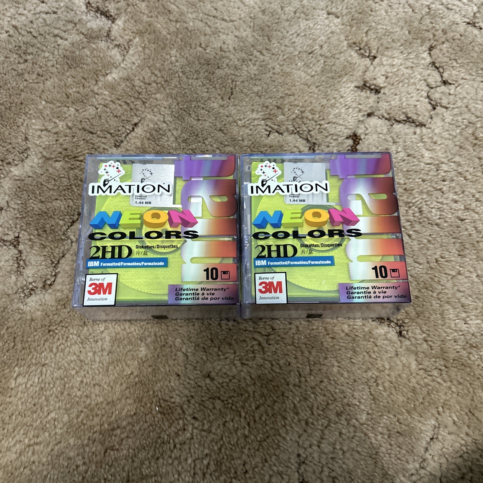 2 NEW IMATION 3.5" 2HD Neon 10 Pack Diskettes 1.44MB IBM Formatted. New. Sealed