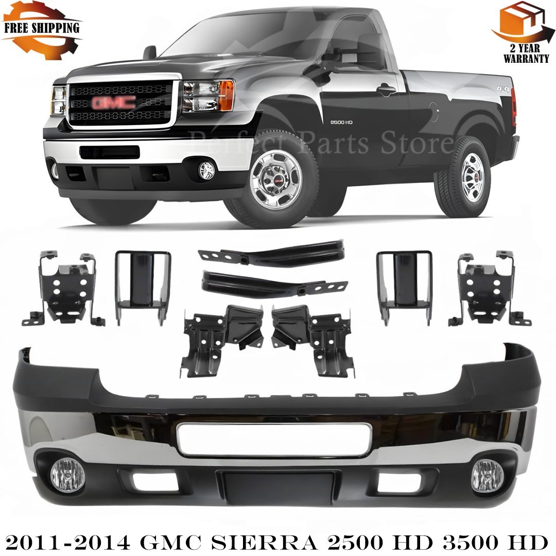 Front Bumper Chrome & Brackets Kit For 2011-2014 GMC Sierra 2500 HD & 3500 HD