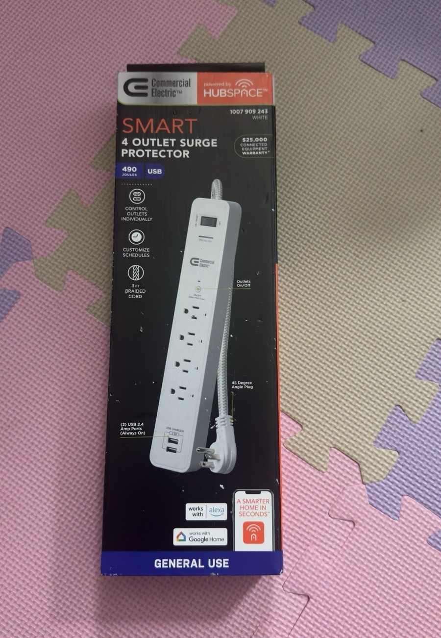 Commercial Electric Smart Surge Protector 4 Outlets 490J Wi-Fi Bluetooth 3ft