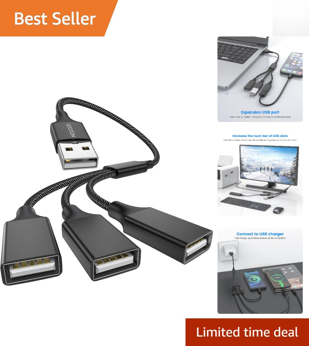 Braided 3-Port USB Expander – Effortlessly Connect Multiple Devices Anywhere