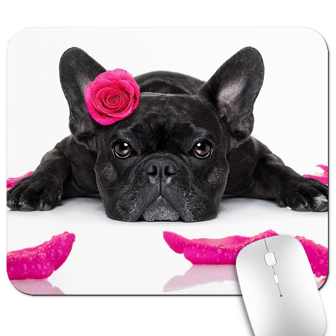 Cute Black French Bulldog with Pink Rose Mouse Pad, Funny Scene Desk Mat