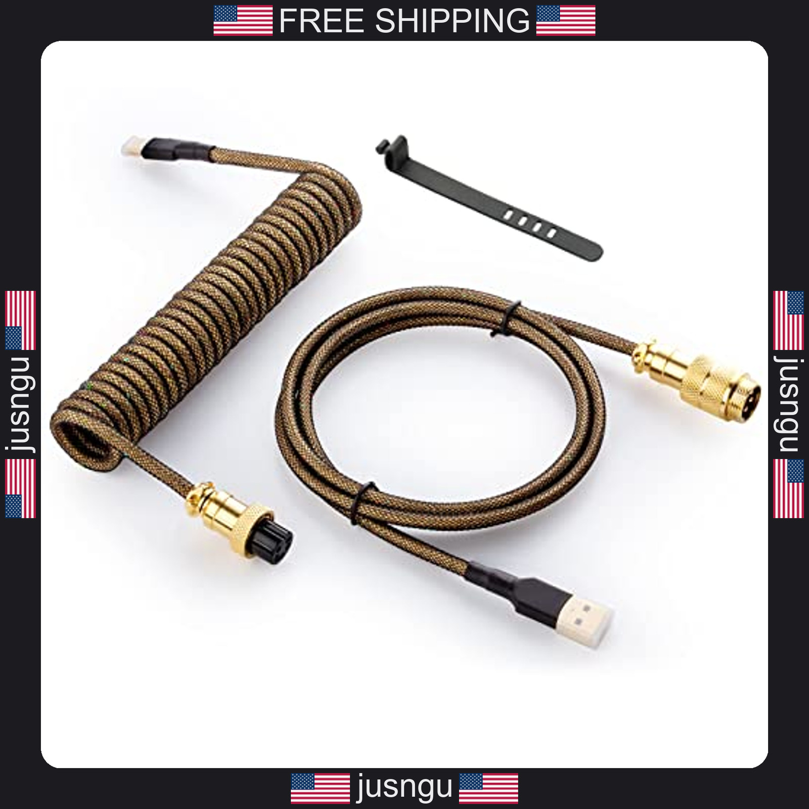 USB C Coiled Keyboard Cable with Metal Aviator Connector 1.5M Black