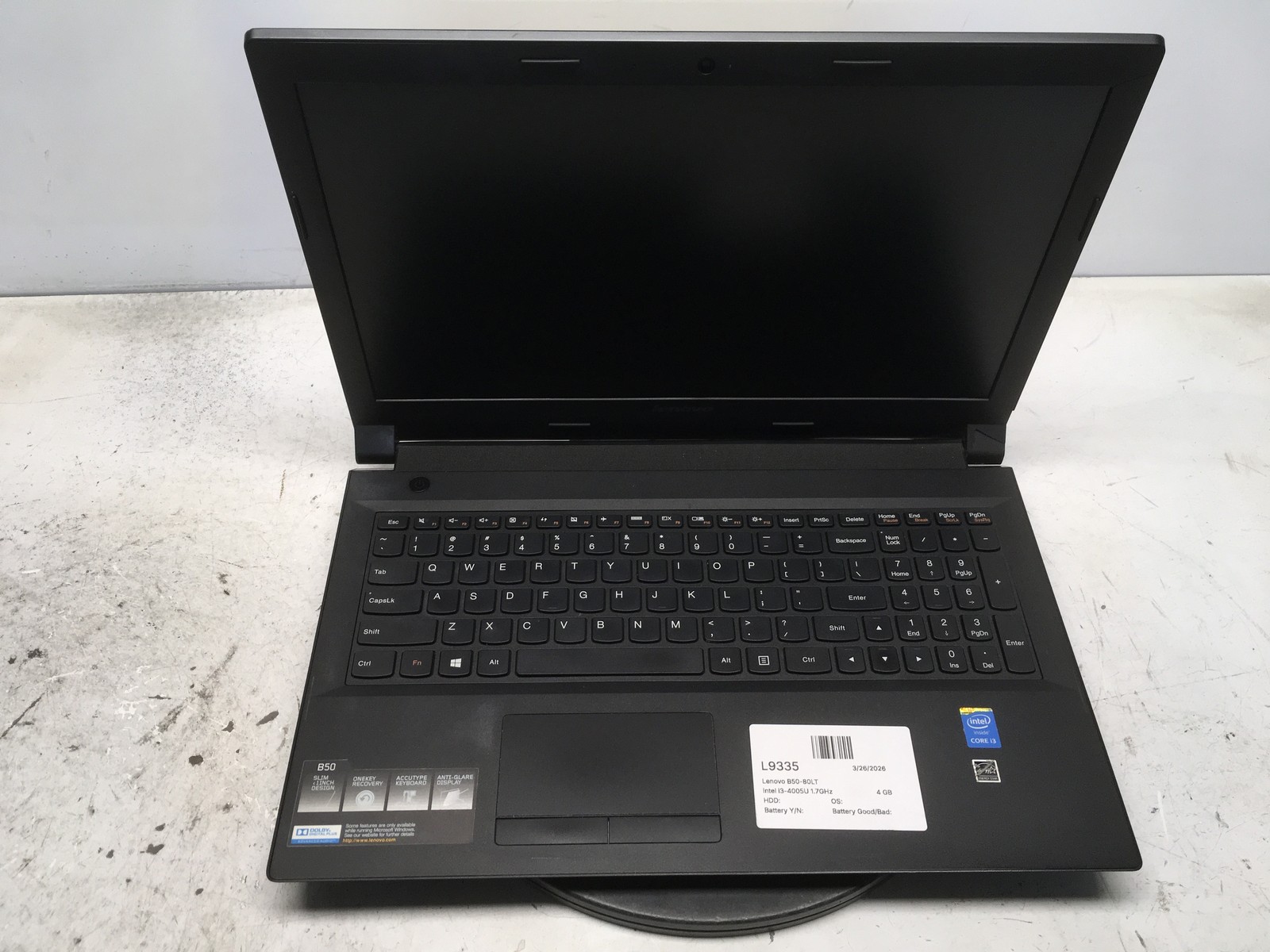 Lenovo B50-80LT Intel i3-4005U 1.7GHz 4 GB NO HDD No Batt