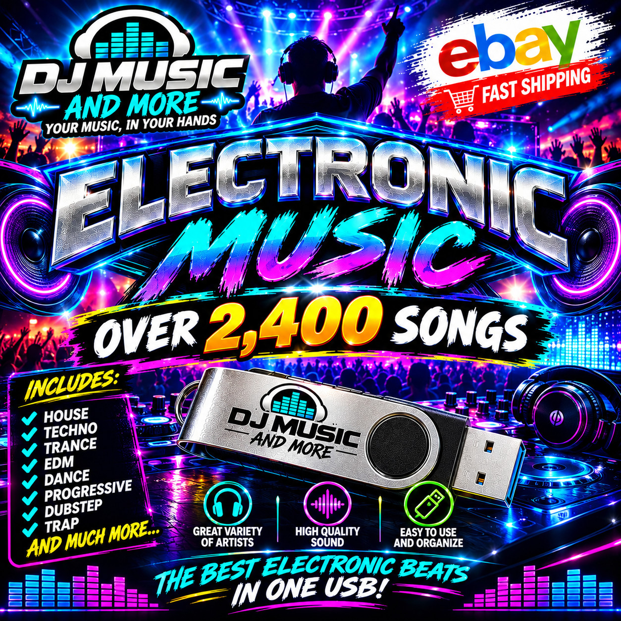 ELECTRONIC MUSIC OVER 2,400 IN THE 32GB USB DRIVE. GOOD FOR DJ AND PARTY