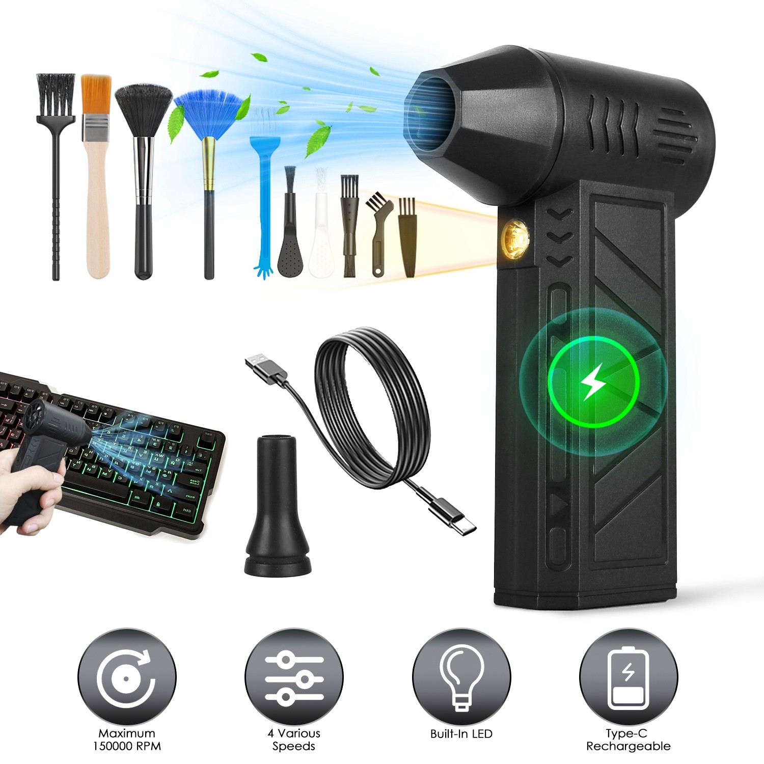 Compressed Air Duster w/ LED Light for PC Keyboard Cleaning Cordless Air Blower
