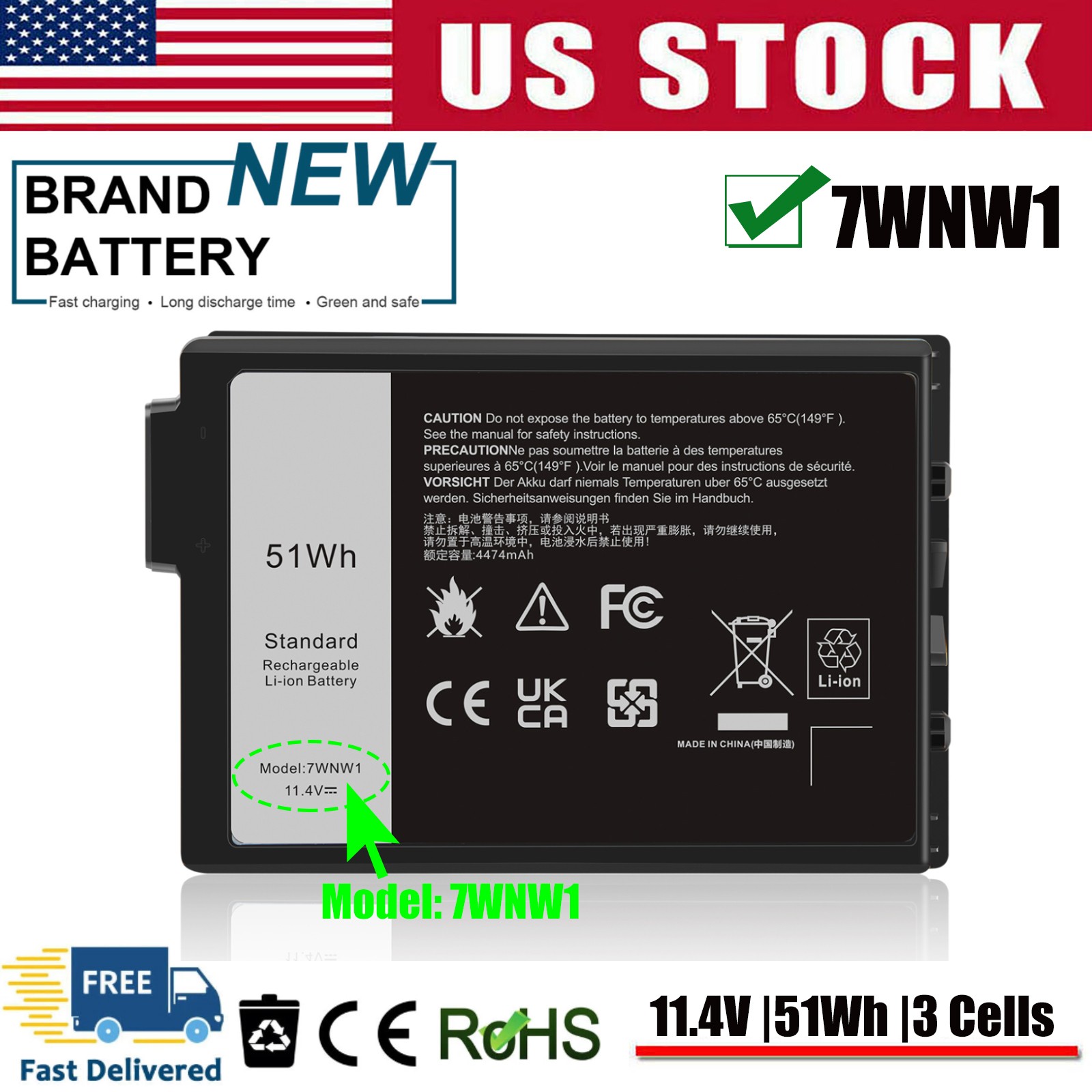 7WNW1 Laptop Battery For Dell Latitude 5420 5424 7424 Rugged Extreme GK3D3 DMF8C