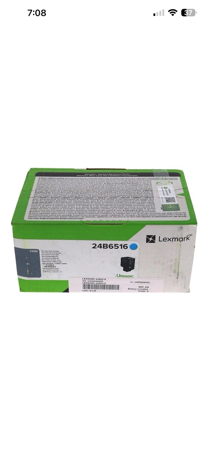 NEW GENUINE LEXMARK 24B6516 CYAN TONER CARTRIDGE NEW IN BOX